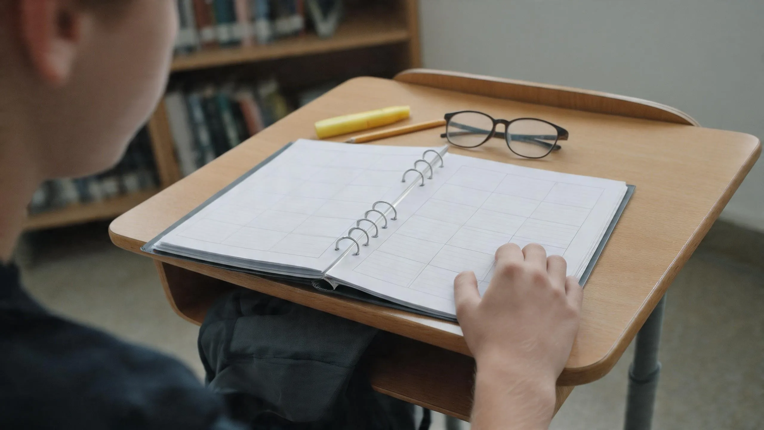 Ein aufgeschlagener leerer Wochenplan, ein Textmarker und eine Brille liegen auf einem Schultisch.