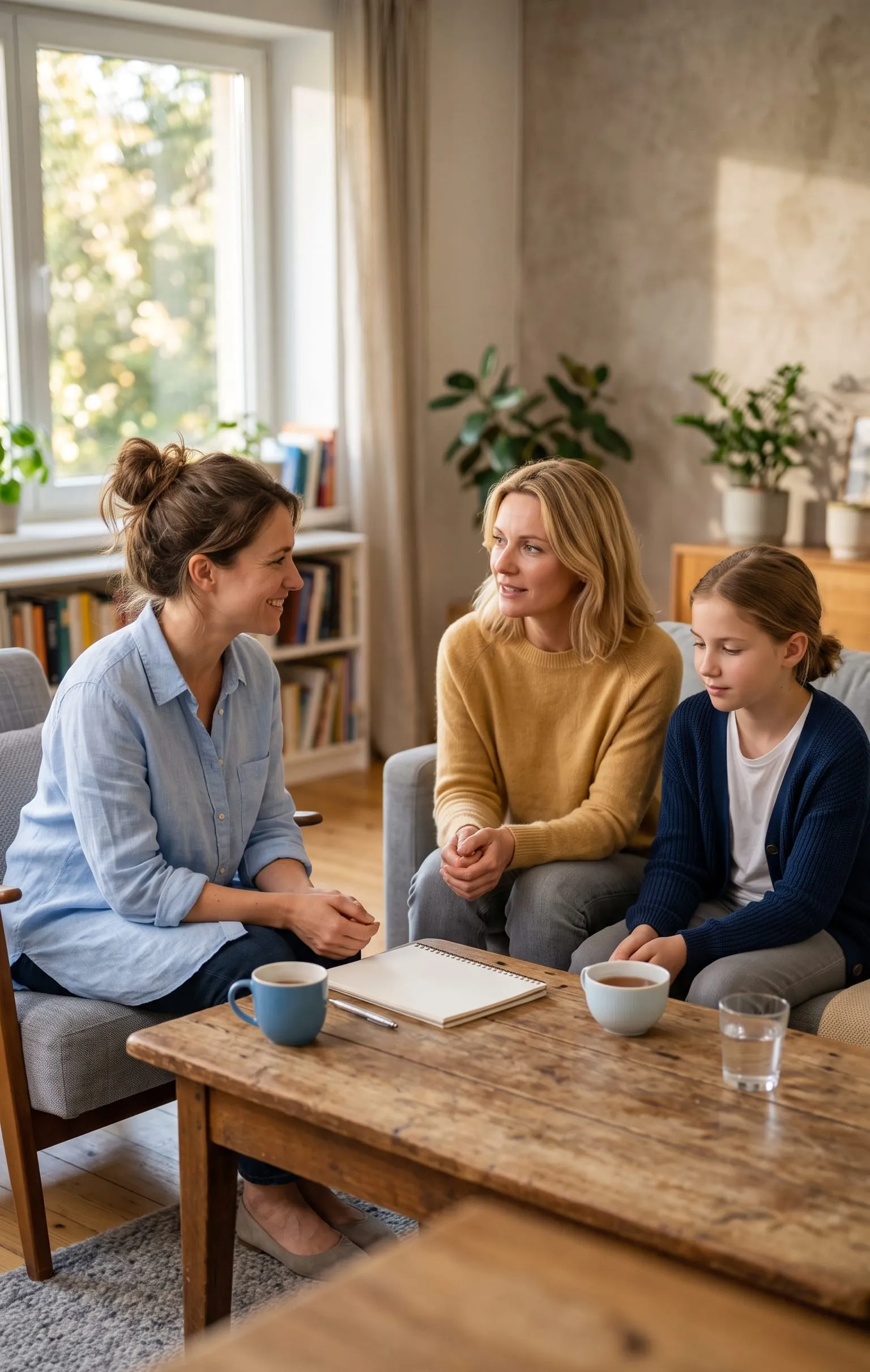 Eine Lehrkraft im Gespräch mit einer Mutter und ihrer Tochter am Tisch